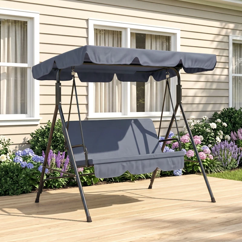 Outsunny 3-Seat Outdoor Patio Swing Chair with Removable Cushion, Steel Frame Stand and Adjustable Tilt Canopy for Patio, Garden, Poolside, Balcony, Backyard, Gray