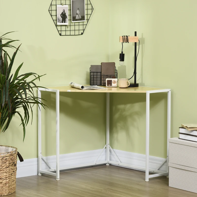 HOMCOM Space-Saving Corner Desk, Small Computer Desk with Metal Frame, Writing Desk for Home Office, Small Spaces, Natural