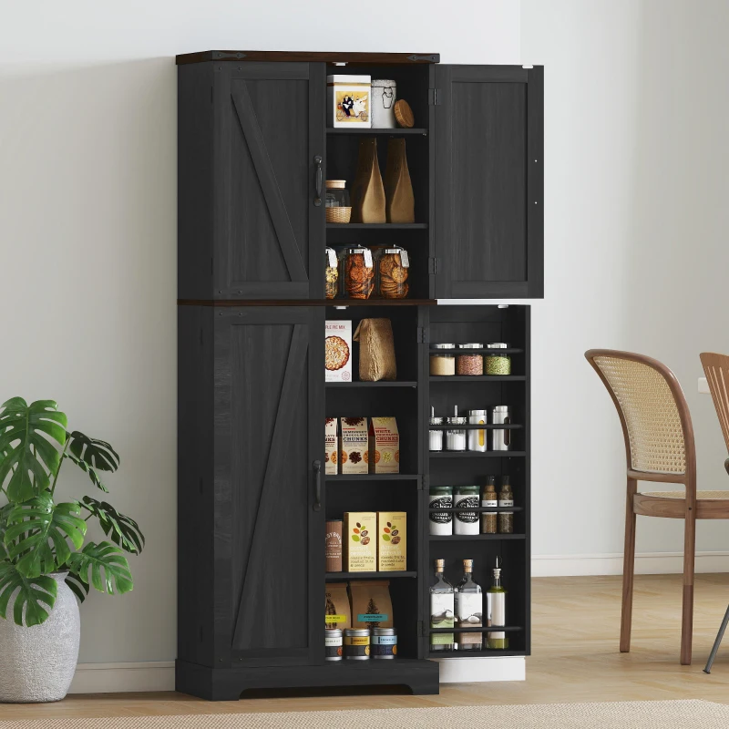 HOMCOM 64" Tall Kitchen Pantry Cabinet with Spice Racks and Adjustable Shelves, Black Wood Grain