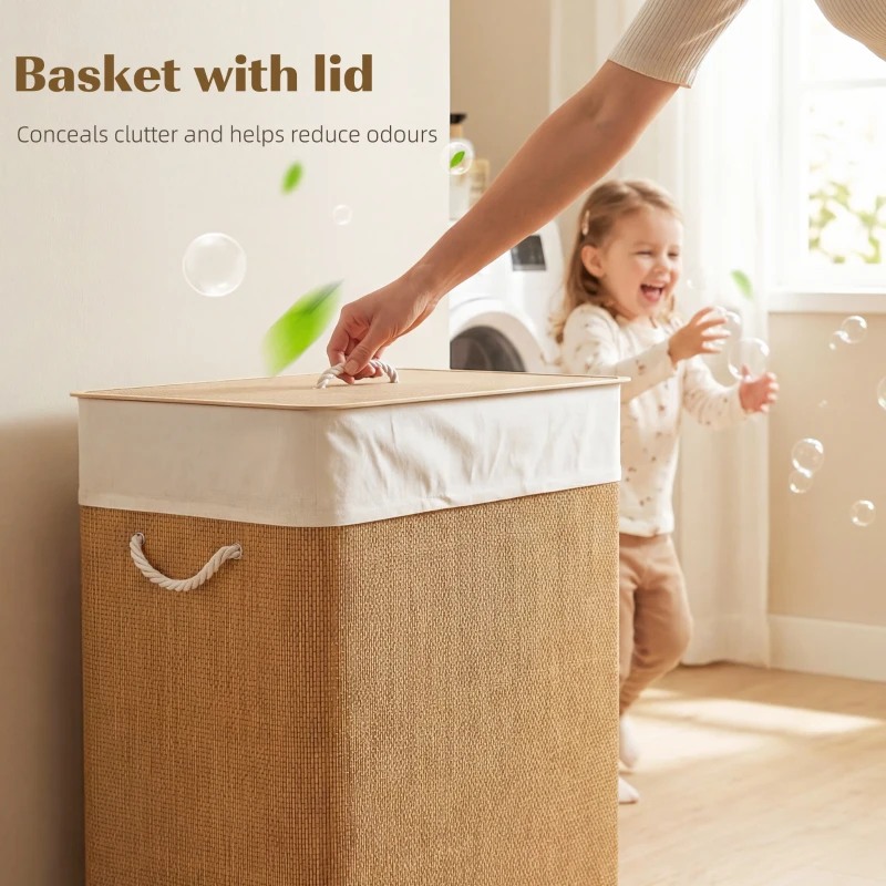 HOMCOM Double Laundry Basket with Lid, 100L Bamboo Laundry Hamper with Rope Handles and Removable Bags, Brown