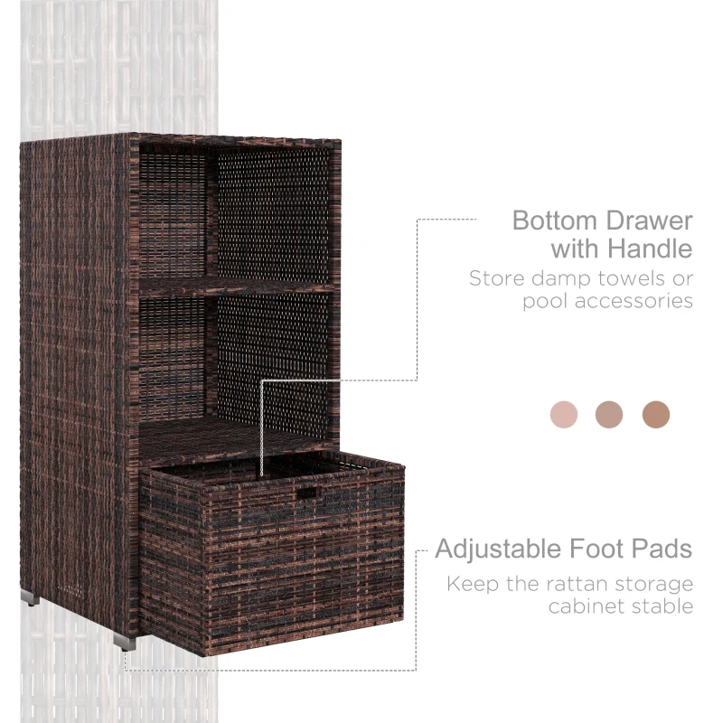 Outsunny Outdoor Storage Cabinet, Patio Storage Box Rack Rattan Wicker Pool Towel Valet Organizer Poolside Garden Lawn Bathroom Furniture Shelf w/ Shelf Drawer, Mixed Brown
