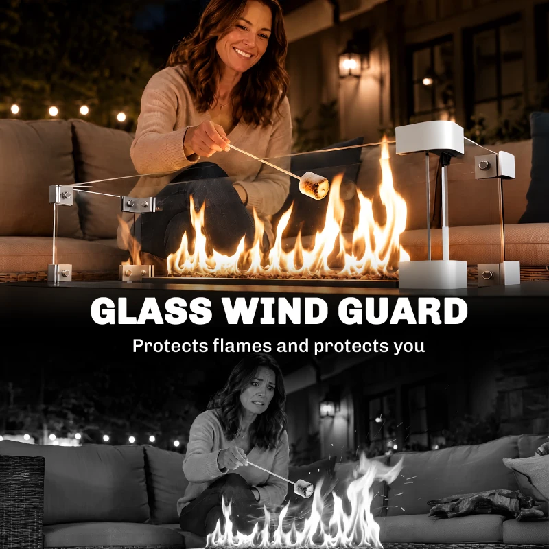 Outsunny Propane Gas Fire Pit Table, Outdoor Firepit with 43" Steel Tabletop and Lid, 50,000 BTU Pulse Ignition Fire Table w/ Stainless Steel Burner, Glass Wind Guard, and Cover