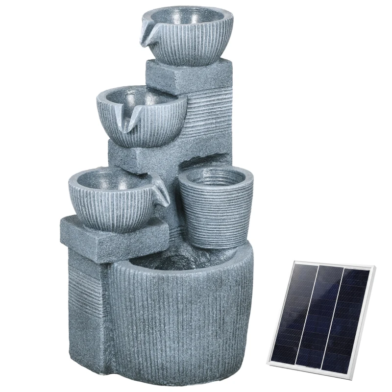 Outsunny Solar Powered Outdoor Water Fountain, 4-Tier Floor Standing Resin Cascading Bowls Waterfall Fountain with LED Lights