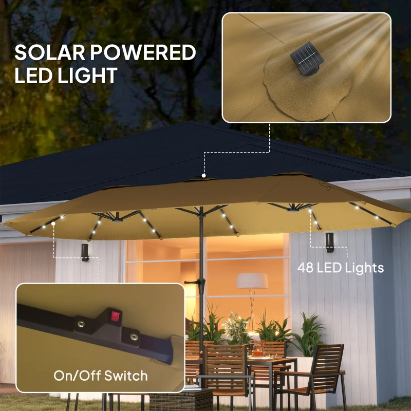 Outsunny 13ft Double-Sided Market Umbrella, Large Patio Umbrella with Solar Lights, Crank Handle for Garden, Pool, Yard, Khaki