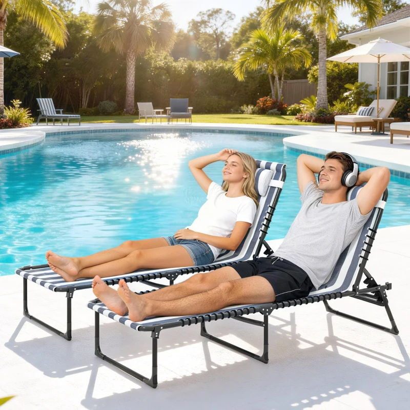 Outsunny 2 Folding Chaise Lounge Pool Chairs with 4-Position Reclining Back, Pillow, Breathable Mesh & Bungee Seat, Blue White