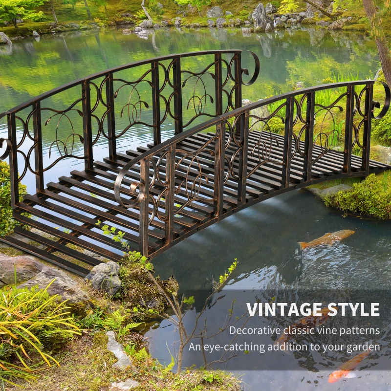 Outsunny 6' Metal Arch Backyard Garden Bridge with 660 lbs. Weight Capacity, Safety Siderails, Vine Motifs, Easy Assembly, Brown