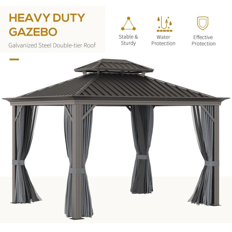 Outsunny 10' x 12' Hardtop Gazebo with Curtains and Netting, Permanent Pavilion Metal Double Roof Gazebo Canopy with Aluminum Frame and Hooks, for Garden, Patio, Backyard, Charcoal Gray
