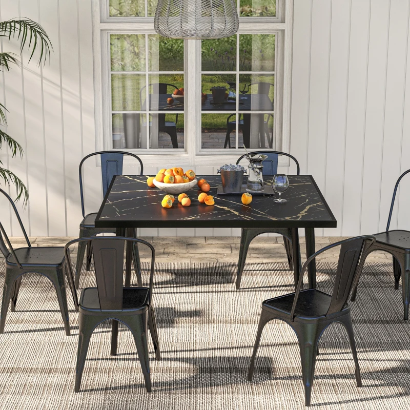 Outsunny Outdoor Dining Table for 4, Square Patio Dining Table with Marble Effect Tempered Glass Top and Steel Frame, Black