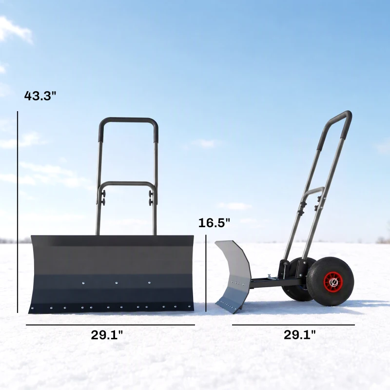 Outsunny Snow Shovel with Wheels, 29" x 16.5" Metal Snow Pusher with Adjustable Handle, 5-Angle Blade for Driveway, Black