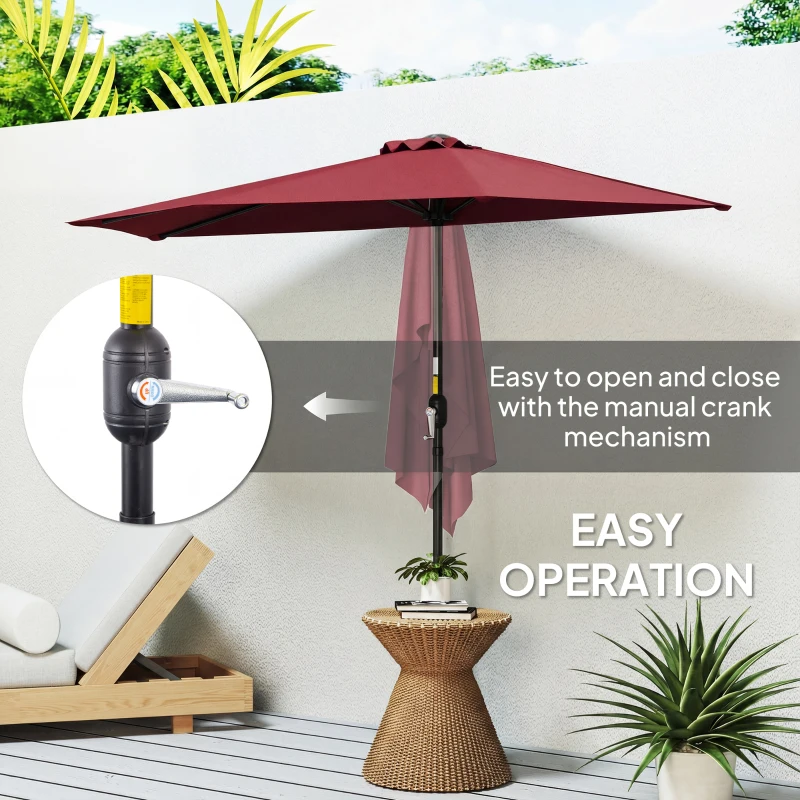 Outsunny 9ft Half Round Umbrella Outdoor Patio Garden Balcony Parasol Window Sun Shade w/ 5 Ribs Wine Red