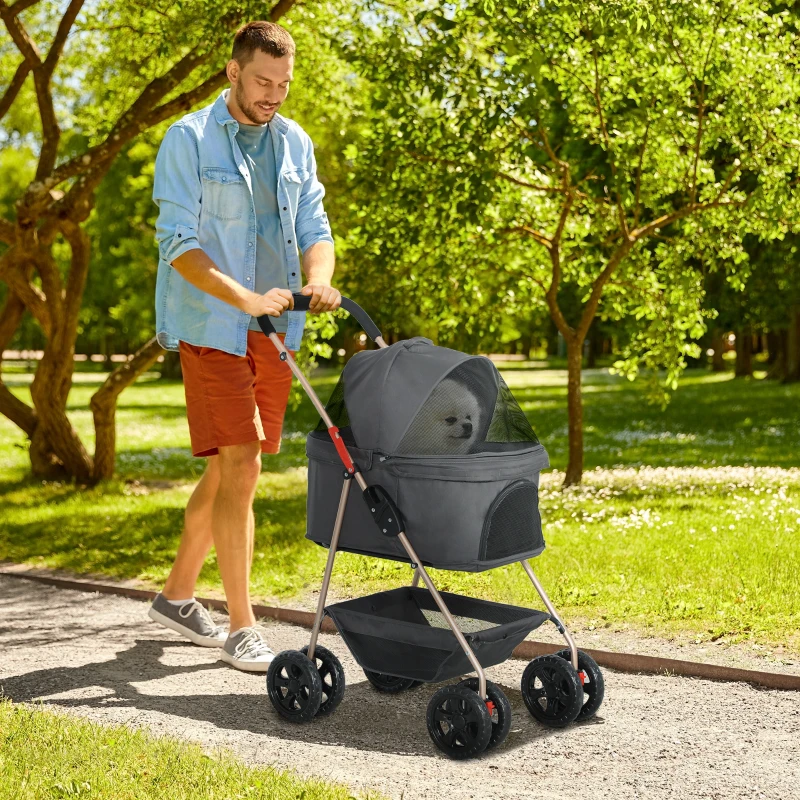 PawHut 3 in 1 Pet Stroller with Detachable Carrier, Foldable Dog Stroller with Storage Basket, Cupholder, for Mini Dogs, Gray