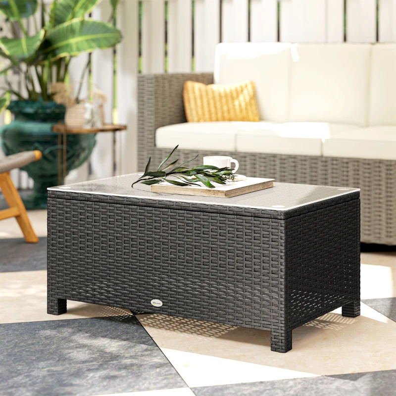 Outsunny PE Wicker Outdoor Coffee Table with Glass Top Garden Patio Table, Dark Grey