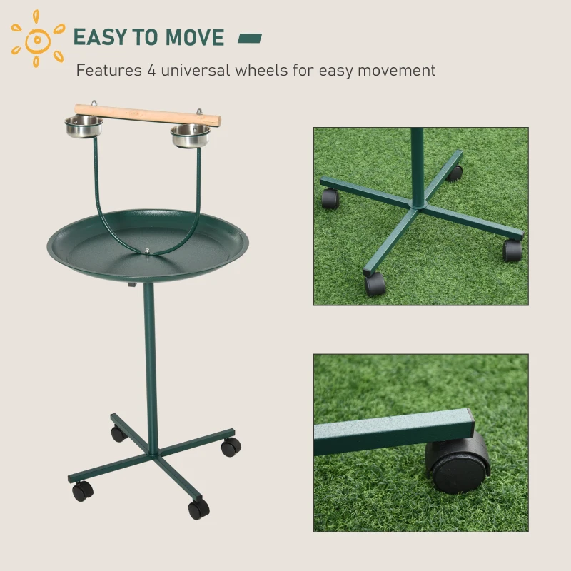 PawHut 48" Rolling T-Stand, Parrot Stand, Bird Training Activity Playground With Wheels and Perch,, Bird Play Perch, Green