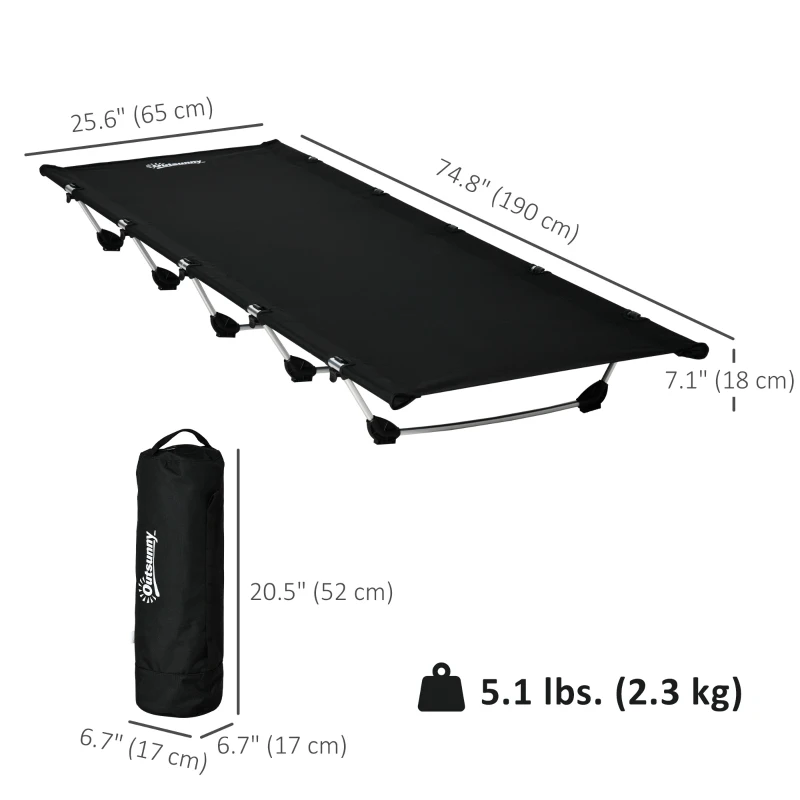 Outsunny Lightweight Camping Cot, Aluminium Portable Folding Bed w/ Strong Support 331 lbs and Carry Bag for Camping, Black