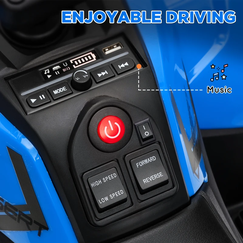 Qaba 12V Kids ATV, 4 Wheeler Quad with 4 Spring Suspension Wheels, LED Lights, Music USB, Blue