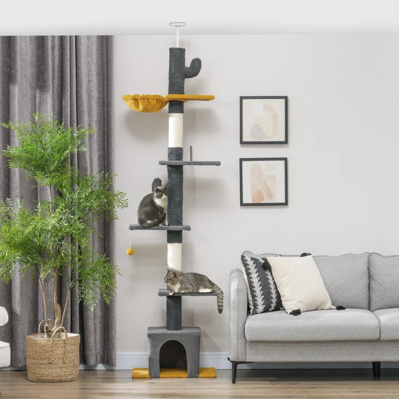 PawHut Floor to Ceiling Cat TreeTower with 90.5"-108" Adjustable Height, Scratching Posts, Hammock, Condo, Toy Ball, Dark Grey