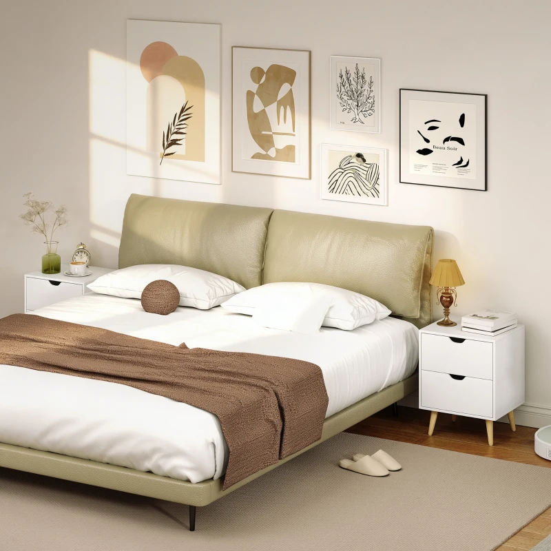 HOMCOM Modern Bedside Table Set of 2, Nightstand with 2 Drawers and Pine Wood Legs for Bedroom, White