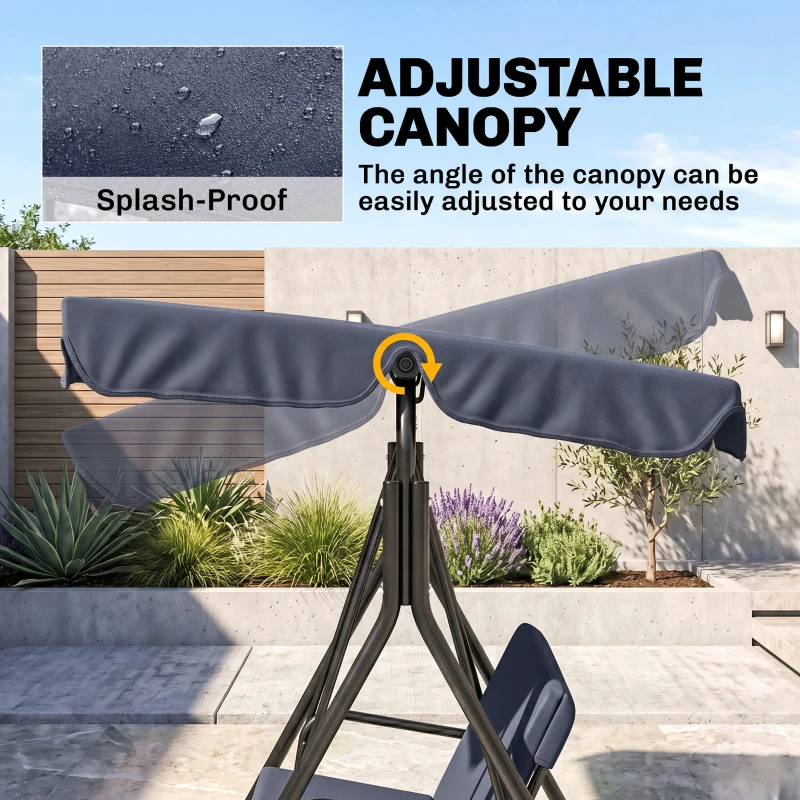 Outsunny 3-Seat Outdoor Patio Swing Chair with Removable Cushion, Steel Frame Stand and Adjustable Tilt Canopy for Patio, Garden, Poolside, Balcony, Backyard, Gray