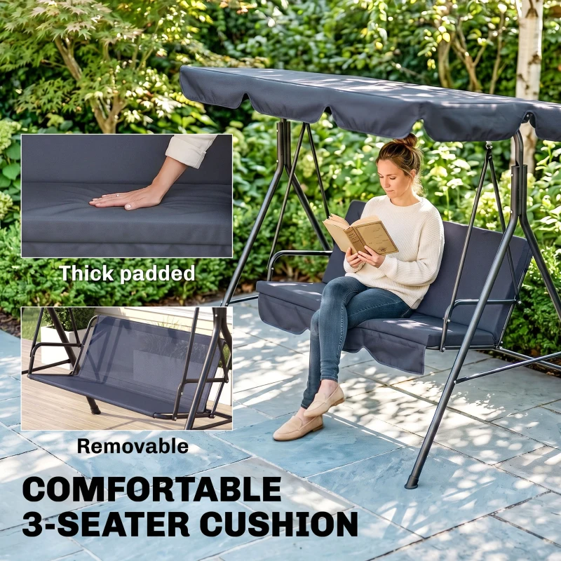 Outsunny 3-Seat Outdoor Patio Swing Chair with Removable Cushion, Steel Frame Stand and Adjustable Tilt Canopy for Patio, Garden, Poolside, Balcony, Backyard, Gray