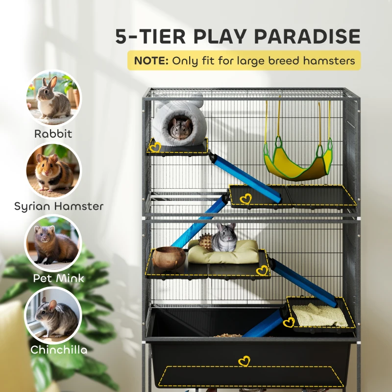 PawHut 59" 5-Level Small Animal Cage, Rolling Ferret Cage with 6.3" Deep Tray, Non-Slip Cloth Covered Ramps, Hammock, Dark Grey