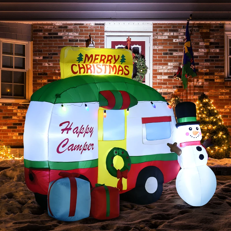 Outsunny 6.5ft Christmas Inflatable Gift Car with Snowman and Gift Boxes, Blow-Up Outdoor LED Yard Display for Lawn Garden Party