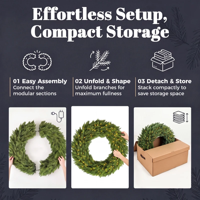 HOMCOM Christmas Decoration, 36 in Pre-Lit Norwegian Spruce Artificial Christmas Wreath with 100 LED Lights, Green