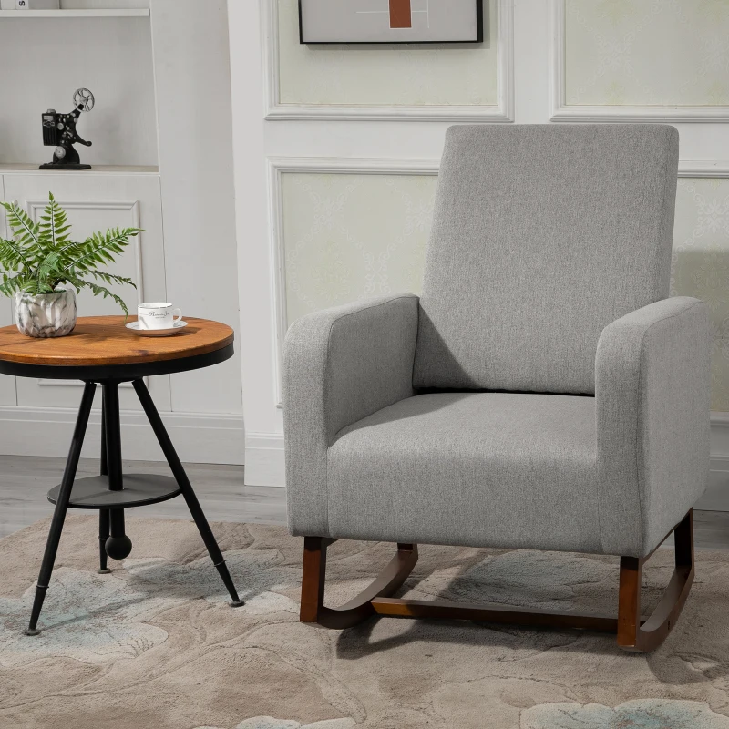 HOMCOM Accent Lounge Rocking Chair with Solid Curved Wood Base and Linen Padded Seat, Grey