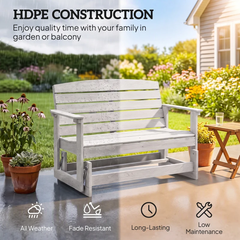 Outsunny Patio Glider Bench w/ HDPE Slatted Double Rocking Chair, Distressed White