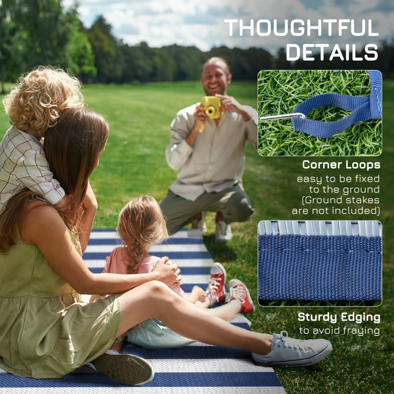 Outsunny Reversible Outdoor Rug Carpet, 9' x 12' Waterproof Plastic Straw Rug, Portable RV Camping Rugs with Carry Bag, Large Floor Mat for Backyard, Deck, Picnic, Beach, Blue & White Striped