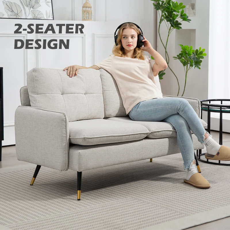 HOMCOM 55" Loveseat Sofa, Linen Love Seat w/ S spring, Steel Legs and Button Tufting, Small Couch for Living Room, Cream White