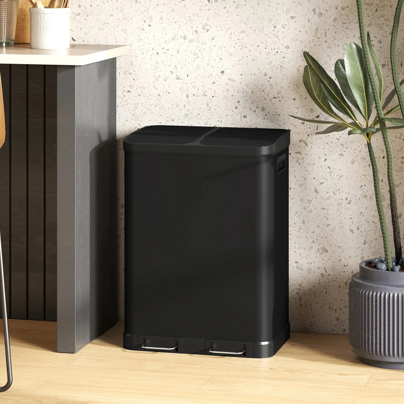 HOMCOM Kitchen Garbage Bin, 2 x 7.9 Gal (2 x 30 L) Trash Can, Soft-Close Garbage Can with Removable Inner Buckets, Black