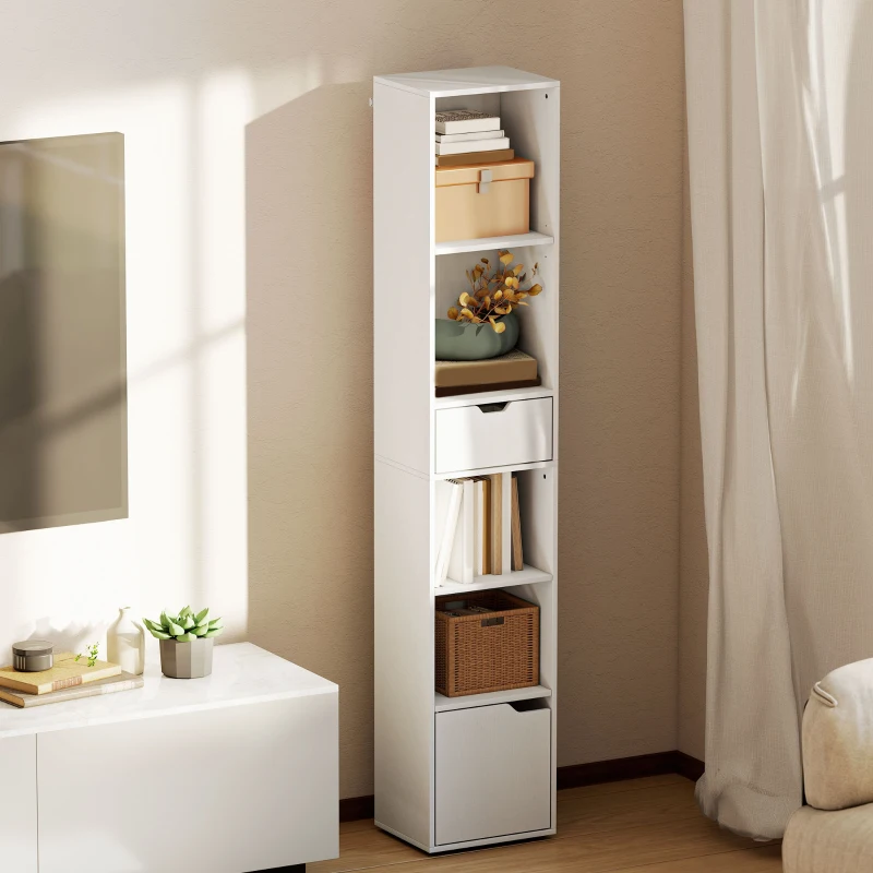 HOMCOM 6-Tier Bookcase, Tall Narrow Bookshelf with Drawer and Door, White