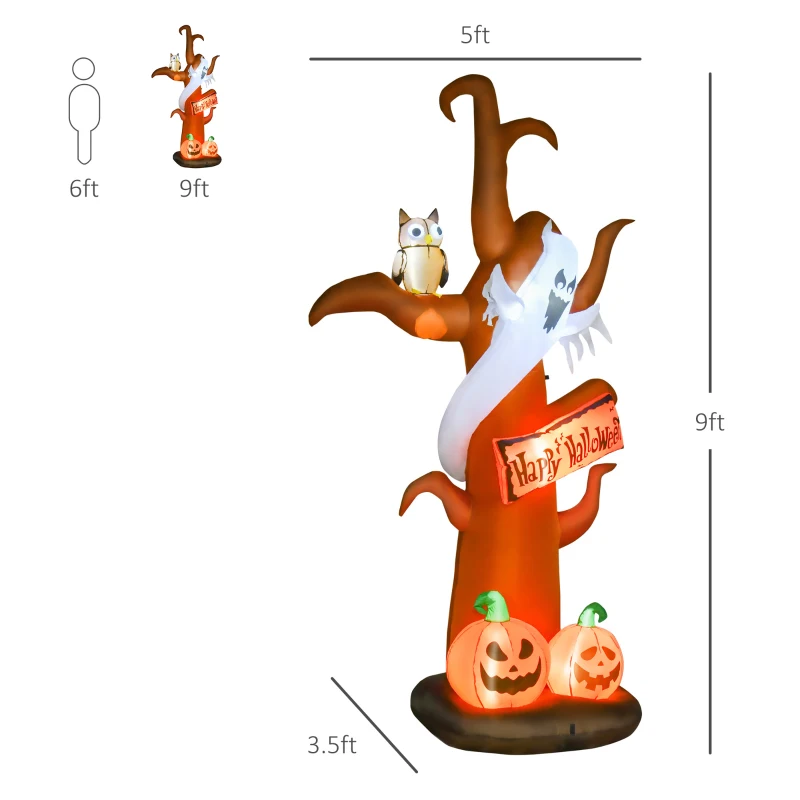 HOMCOM 107.75" Inflatable Tree with Ghost and Pumpkin, Halloween Outdoor LED Light Yard Display, Waterproof