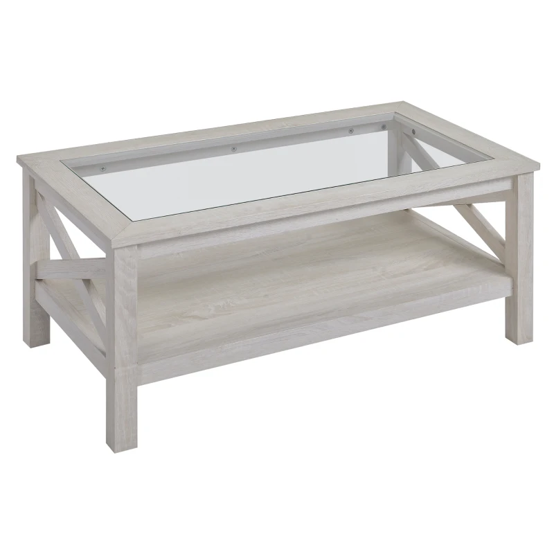 HOMCOM Coffee Table with Tempered Glass Tabletop, Living Room Table with Wood Frame and Underneath Storage Shelf, White Oak