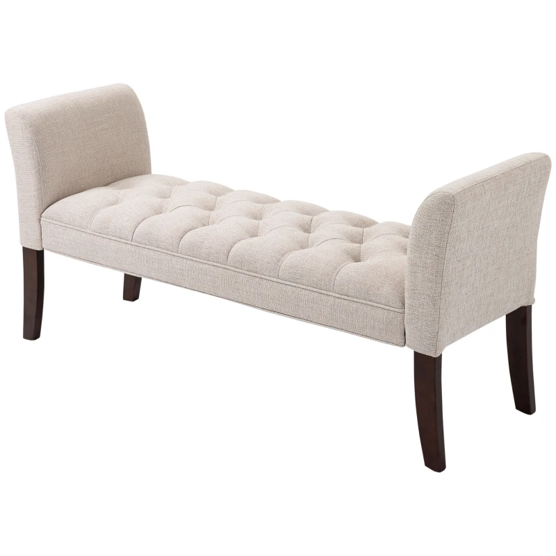 HOMCOM Upholstered Bedroom Bench with Button Tufted Design, End of Bed Bench with Arms and Solid Wood Legs, Beige