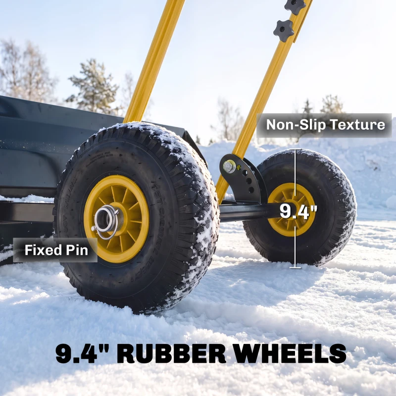 Outsunny Snow Shovel with Wheels, 29" x 16.5" Metal Snow Pusher with Adjustable Handle, 5-Angle Blade for Driveway, Yellow