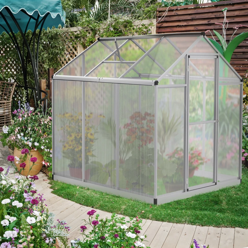 Outsunny 6' L x 6' W Walk-In Polycarbonate Greenhouse with Roof Vent for Ventilation & Rain Gutter for Winter