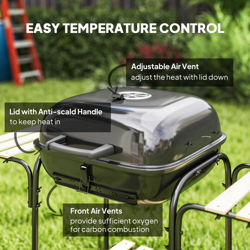 Outsunny Charcoal BBQ Grill, BBQ Grill with 1840 cm² Cooking Area, 3 Shelves, Adjustable Vent, Lockable Lid, Wheels, Black
