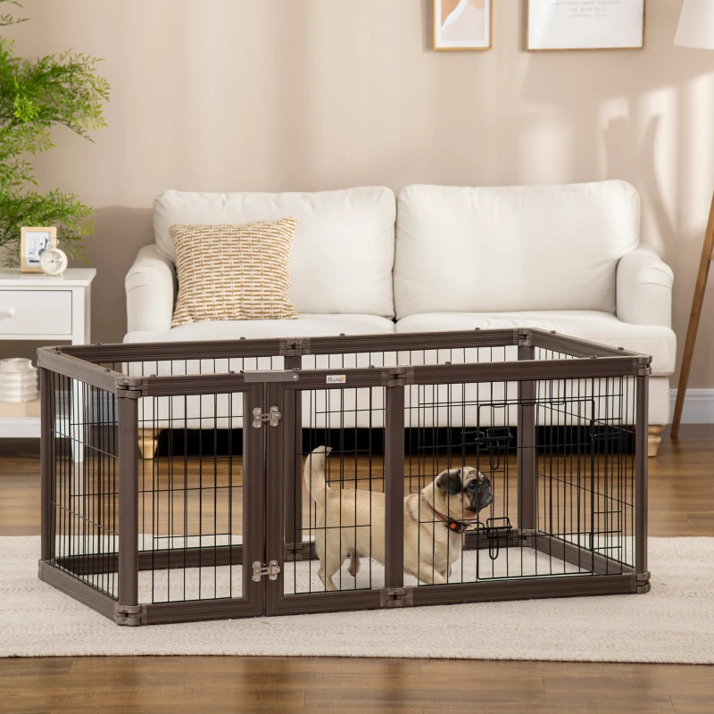 PawHut 24.5" Heavy-Duty Pet Playpen, Foldable Dog Exercise Pen, Roomy Small Dog Fence with Door, Double Locking Latches, for Indoor or Outdoor Use, Brown