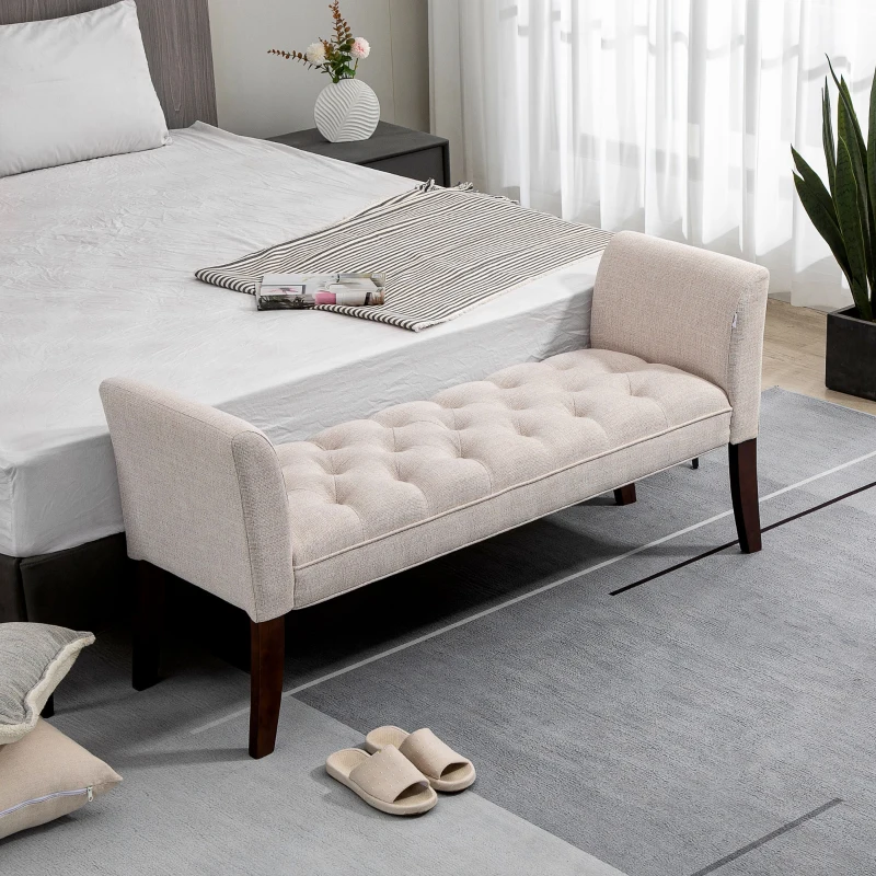 HOMCOM Upholstered Bedroom Bench with Button Tufted Design, End of Bed Bench with Arms and Solid Wood Legs, Beige