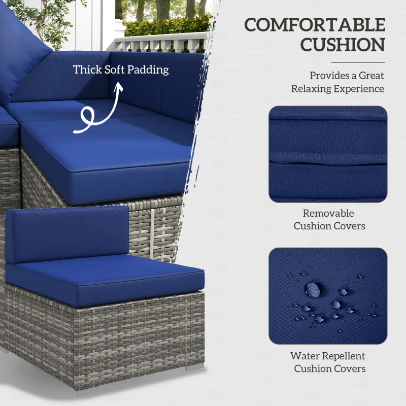 Outsunny 7 Pieces Outdoor Rattan Sofa Set, Wicker Patio Furniture Set with Glass Top Coffee Table, Pillows, Mixed Gray and Blue