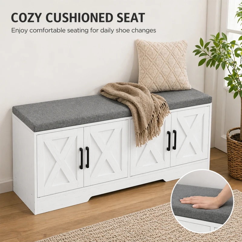 HOMCOM Shoe Bench with Cushion Shoe Storage Bench with Doors Adjustable Shelves for Entryway, White