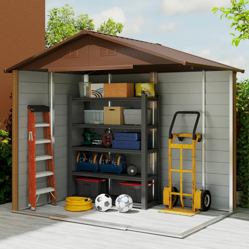 Outsunny 8' x 6' Metal Outdoor Storage Shed with Double Doors and Four Ventilation for Patio Furniture, Brown