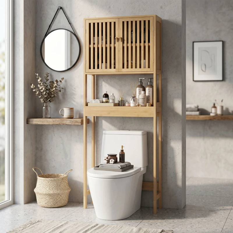 HOMCOM Over the Toilet Cabinet, Bamboo Bathroom Above Toilet Storage with Slatted Doors and Adjustable Shelf, Natural
