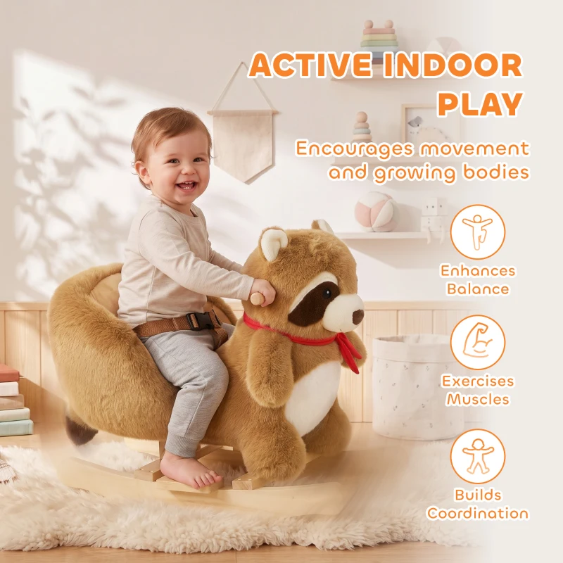 Qaba Raccoon Baby Rocking Horse, Kids Plush Ride-On Toy with Realistic Sounds and Safety Belt, Brown