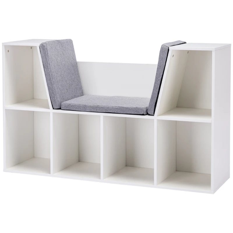 HOMCOM 6-Cubby Kids Bookcase with Reading Nook and Cushion, Multi-Purpose Storage Organizer for Bedroom, Living Room, Pure White