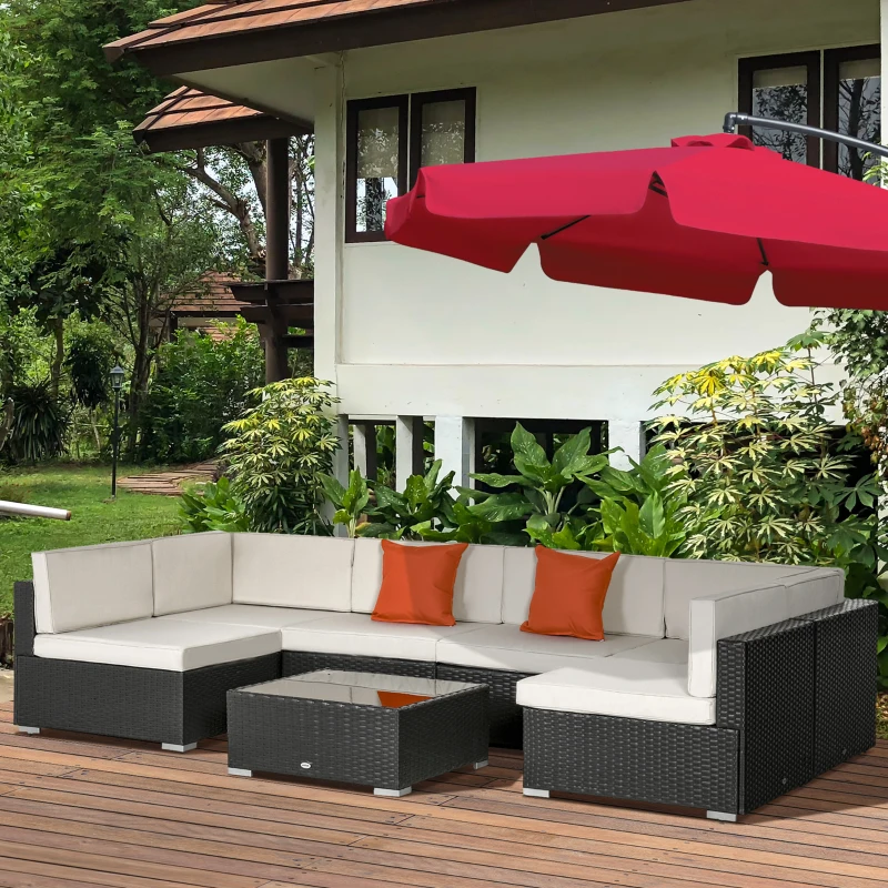 Outsunny 7 Piece Outdoor Patio Furniture Set, PE Rattan Wicker Sectional Sofa Set with Buckling Couch Cushions, Throw Pillows & Coffee Table, Dark Brown, Beige, Orange