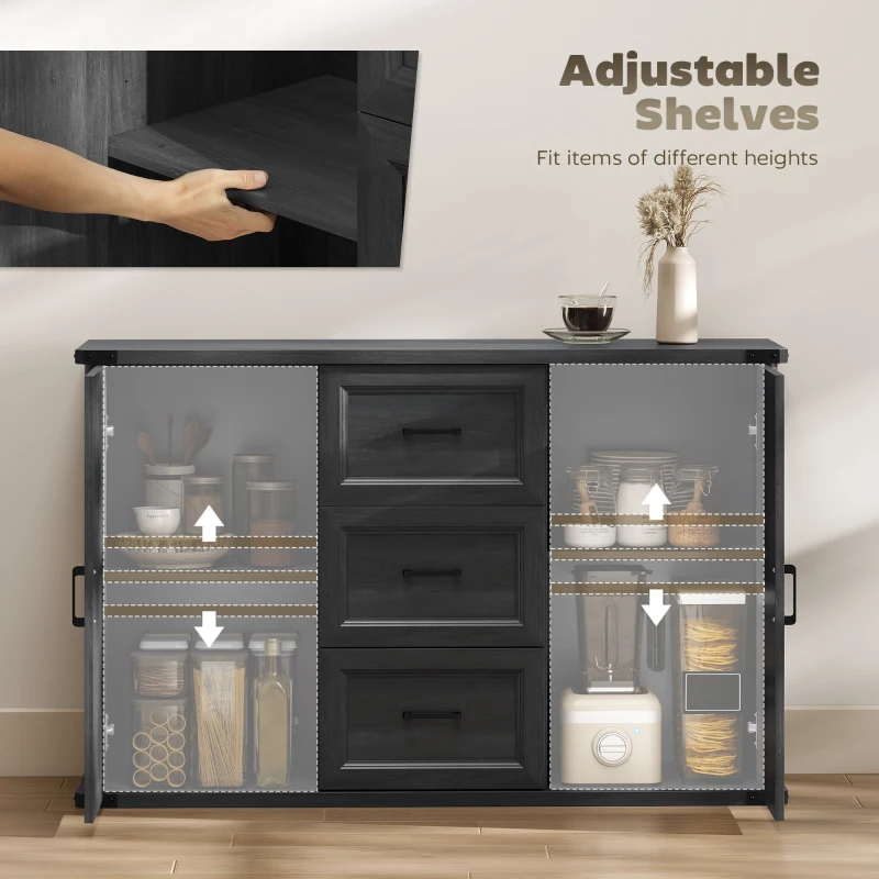 HOMCOM Sideboard with 3 Drawers and 2 Doors, 47" Buffet Cabinet with Adjustable Shelves for Kitchen, Black Wood Grain