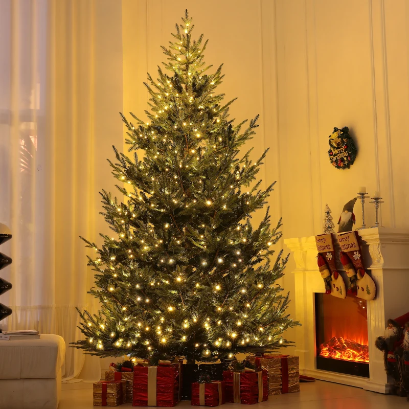 HOMCOM 9 ft Artificial Christmas Tree, Prelit Christmas Tree with 300 LED Lights, 1939 Branch Tips and Wide Metal Base, Green