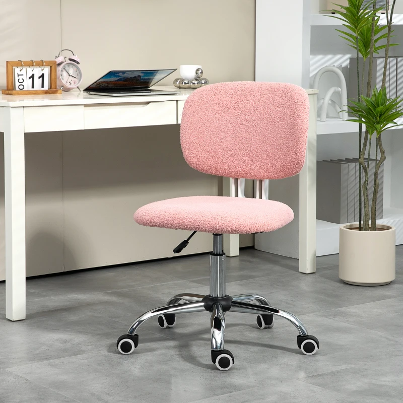 Vinsetto Cute Armless Office Chair, Teddy Fleece Fabric Computer Desk Chair, Vanity Task Chair with Adjustable Height, Swivel Wheels, Mid Back, Pink
